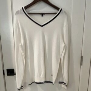 Nautica Womens L White Navy Trim V Neck Sweater Preppy Nautical Spring Summer